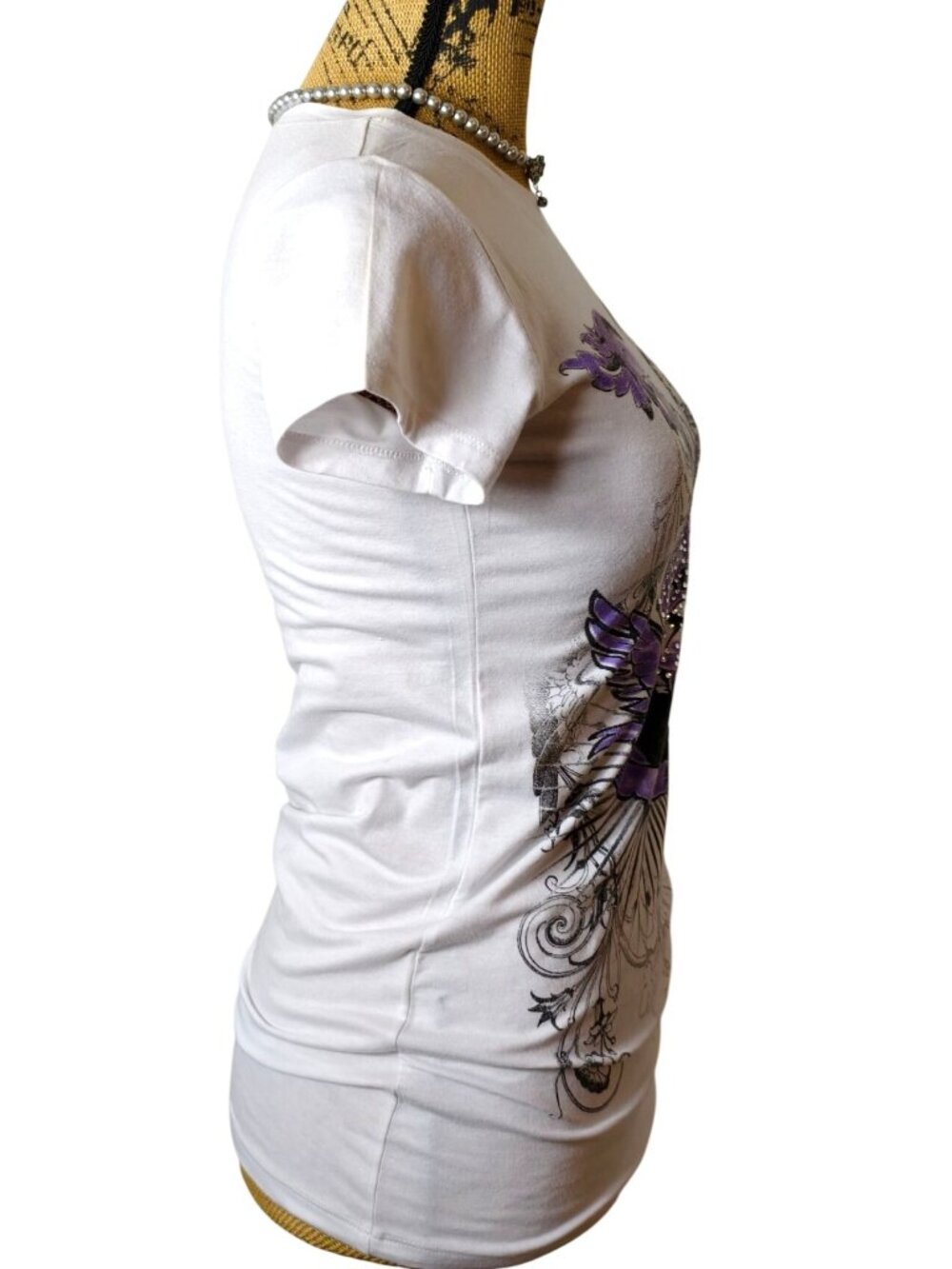 Y2K Hip Jeans Girls L White Tee Purple Graphic Rhinestones Crown Hip Hop Grunge - Picture 4 of 6